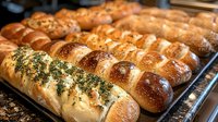 Fresh baked artisan bread rolls with herbs and sesame seeds displayed on bakery tray. Golden brown crusty loaves perfect for restaurant menus and food blogs.
