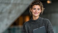 Young blonde businesswoman smiling confidently while holding laptop in modern office environment with warm lighting and professional atmosphere.