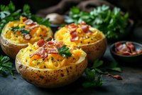 Twice baked potatoes loaded with melted cheese, crispy bacon bits and fresh herbs on dark rustic background, comfort food dinner recipe.