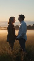 Couple holding hands in golden field at sunset with misty background, creating romantic atmosphere for wedding or anniversary content.