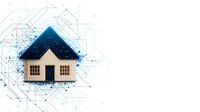 Digital house icon with blue roof on white background surrounded by technological circuit pattern and connection lines. Smart home concept for real estate technology.