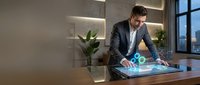 Businessman in dark blazer interacting with holographic digital interface on desk in modern office with city view and plants.