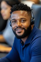 Young African American professional wearing headphones and navy polo shirt smiles warmly while working in modern office environment. Ideal for workplace diversity content.