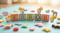 Wooden blocks spelling error with cartoon construction workers and warning signs on blue surface surrounded by colorful shapes, representing mistakes, troubleshooting, and problem-solving for web design and business concepts.