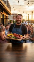 Smiling bearded chef in denim apron serving grilled meat and vegetables on wooden board at outdoor restaurant patio during golden hour sunset.