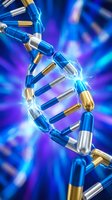 DNA double helix structure made of blue and gold capsules on bright blue background for medical research and pharmaceutical concepts.