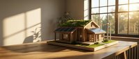 Wooden architectural house model on desk with natural lighting from window, perfect for real estate presentations and construction planning concepts.