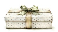 Elegant gift box with polka dot pattern and luxurious satin bow in soft neutral tones, hand drawn watercolor style illustration for celebration designs.
