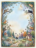 Watercolor folk art frame with cats, village houses, trees and moon creating decorative border with central copy space for text or design projects.