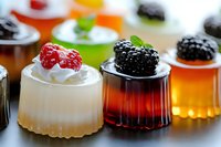 Colorful jelly desserts topped with fresh berries and cream, arranged in small glass containers for elegant presentation at catering events.