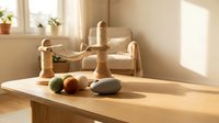 Wooden balance scale toy with colorful balls and smooth stones on oak table in sunlit Scandinavian living room interior.