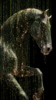 Digital horse silhouette composed of green matrix code against black background, symbolizing technology and artificial intelligence in modern design.