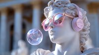 Classical marble statue wearing modern pink sunglasses and headphones with floating soap bubble against ancient columns background, contemporary art concept.