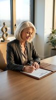 Mature Caucasian businesswoman with silver hair signing documents at modern office desk wearing professional suit jacket.