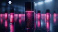 Glowing pink liquid in glass bottle with sparkling particles against dark background, mysterious laboratory setting with multiple blurred containers.