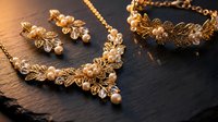 Elegant gold jewelry set with intricate leaf patterns and pearl accents on dark wooden surface for luxury fashion and bridal accessories.
