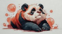 Adorable panda bear sitting with orange watercolor splashes and bubbles on neutral background for children's designs and decorations.