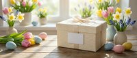 Spring gift box with pastel Easter eggs, tulips and daffodils on wooden table. Seasonal holiday decoration for greeting cards and festive designs.