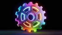 Colorful neon gear wheel with glowing rainbow gradient effects on dark background for technology and engineering concepts.