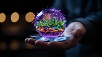 Glowing magical sphere with colorful energy waves and green plant floating above open palm against dark background with bokeh lights. For fantasy concepts.