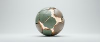 Cracked spherical globe with green and beige segments on white background, representing environmental damage, climate change, and global crisis for editorial and awareness campaigns.