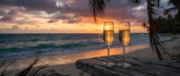 Two champagne glasses on tropical beach at sunset with palm trees and ocean waves creating romantic atmosphere for celebration and luxury vacation.