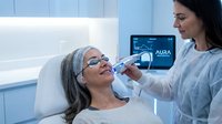 Professional female dermatologist performing advanced facial treatment on mature woman patient using modern aesthetic device in clinical setting.