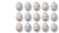 Collection of fifteen decorative Easter eggs with geometric patterns in pastel colors isolated on white background for holiday designs and celebrations.