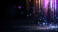 Magical glowing particles and light streaks falling from above create ethereal atmosphere against dark background with blue and purple bokeh effects.
