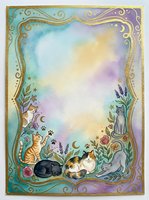 Watercolor frame with cats, flowers and mystical elements on gradient background for greeting cards, invitations and decorative designs.