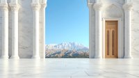 Luxurious white marble colonnade with ornate pillars framing scenic mountain view and wooden door, creating elegant architectural composition on polished floor.