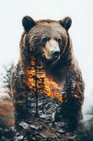 Brown bear with forest fire double exposure effect, isolated on white background. Wildlife composite artwork featuring majestic animal and burning woodland landscape for creative design projects.