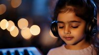 Young girl with headphones enjoying music in cozy evening atmosphere with warm bokeh lights creating peaceful listening experience for relaxation.