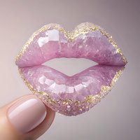 Pink crystal lips with gold glitter edges held by manicured fingers against soft background, luxury beauty concept for cosmetics and jewelry design.