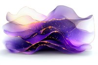 Abstract flowing waves in purple and gold with glowing sparkles create magical ethereal landscape against white background, suitable for luxury design projects.