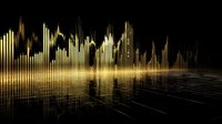 Golden sound wave visualization with audio spectrum bars reflecting on dark surface, creating dynamic music visualization for audio production.