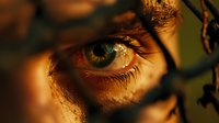 Close-up macro shot of human eye with green iris in warm golden sunlight through leaves, creating dramatic shadows and highlighting natural eye details and textures.