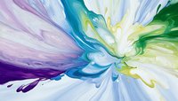 Dynamic fluid art explosion with vibrant purple, blue, green and yellow paint swirls radiating from center creating modern abstract background.