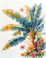 Tropical banana palm leaves with exotic flowers in watercolor style, featuring teal and golden yellow tones. Artistic botanical illustration for wall art and textile design.