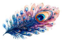 Vibrant peacock feather with iridescent blue, purple, and orange colors on white background, isolated for decorative design projects.