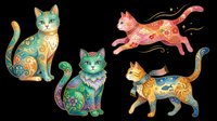 Four ornate cats with colorful folk art patterns, isolated on transparent background. Great for stickers, t-shirt design, print on demand, clipart, and sublimation projects.