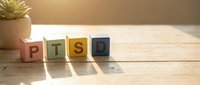 PTSD wooden blocks with succulent plant on desk, representing mental health awareness and post-traumatic stress disorder support.
