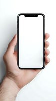 Hand holding modern smartphone with blank white screen mockup for app presentation and mobile interface design projects.