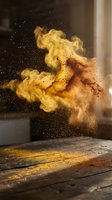 Vibrant yellow and brown powder exploding in mid-air above wooden surface, creating dynamic cloud effect with scattered particles for creative projects.