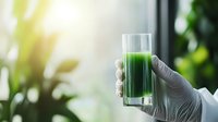 Scientist in laboratory gloves holding glass of fresh green smoothie or juice against blurred natural background with sunlight effect. Healthy detox drink.
