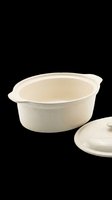 Cream ceramic casserole dish with lid isolated on transparent background, ready for kitchen design, cookware graphics, recipe blogs, culinary clipart, print-on-demand products, and cooking-related designs.