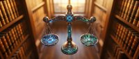 Bronze scales of justice on wooden desk in law library with warm sunlight streaming through windows creating professional legal atmosphere.