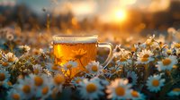 Glass cup of herbal chamomile tea surrounded by blooming daisies in a meadow at golden sunset. Natural wellness and relaxation concept perfect for health and lifestyle designs.