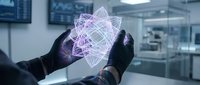 Hands in black gloves holding glowing purple geometric wireframe hologram in modern office environment, representing technology, innovation, and digital transformation.