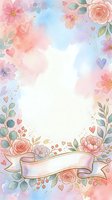 Watercolor floral frame with pink roses, peonies, and hearts on white background. Isolated design with blank ribbon banner, ready for wedding invitations, greeting cards, and custom text overlays.